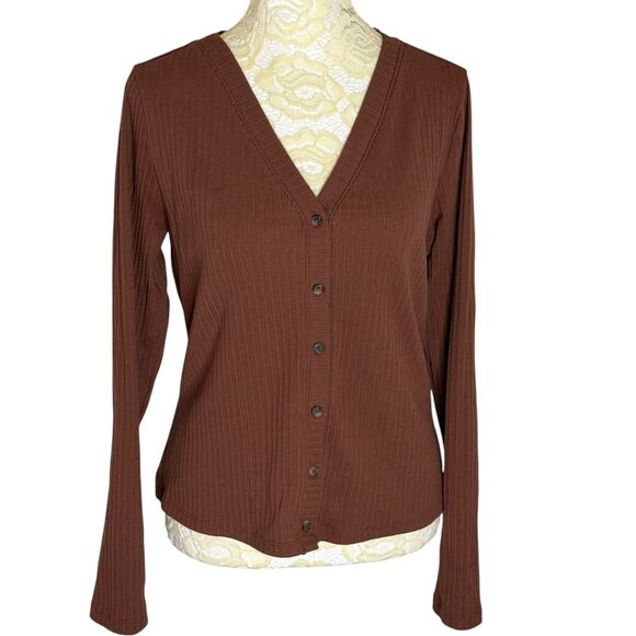 Banana Republic Factory Rib Knit Cardigan Top Blouse Shirt Auburn Brown S - Picture 2 of 7